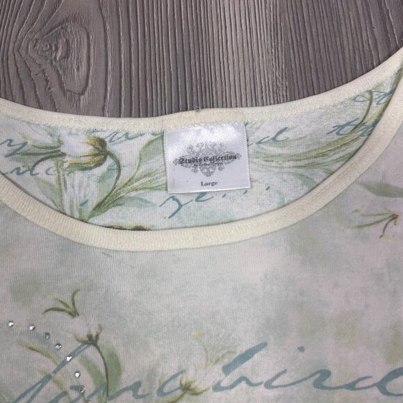 Studio Collection Pastel Green Y2K 3/4 Sleeve Rhinestone Shirt Women’s Size L - Picture 3 of 7